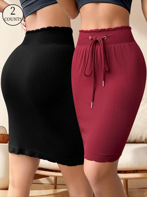 Women's Frill Trim Drawstring Waist Shapewear Skort, Casual Comfy High Waist 2 in 1 Shapewear Skirt for Daily Wear, Ladies Shapewear Bottoms for All Seasons