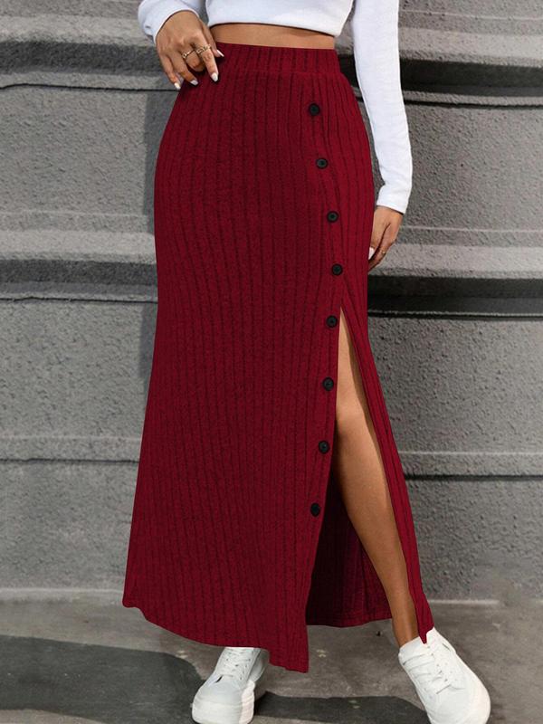 Women's Plain Split Thigh Button Decor Ribbed Bodycon Skirt, Casual High Waist Long Skirt for Daily Wear, Ladies Bottoms for All Seasons