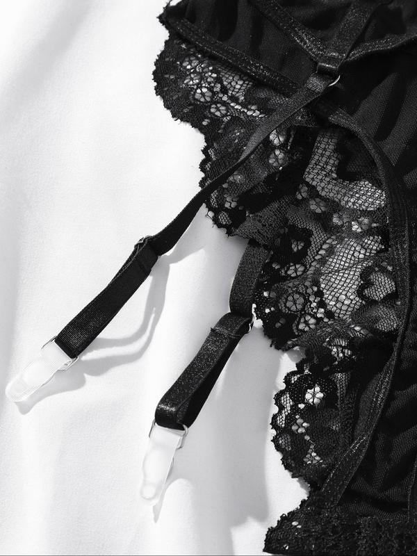 Women's Solid Color Sheer Lace Sexy Lingerie Three-piece Set, Push Up Bra & Garter Belt & Thong Set, Sexy Lingerie Set for Women