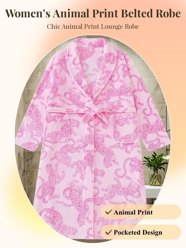 Women's Animal Print Pocket Belted Lounge Robe, Princess Robe, Casual Long Sleeve Shawl Collar Dressing Gown, Ladies Loungewear Sleepwear for Fall & Winter, 2024 Fall Wear, Fallfreshness