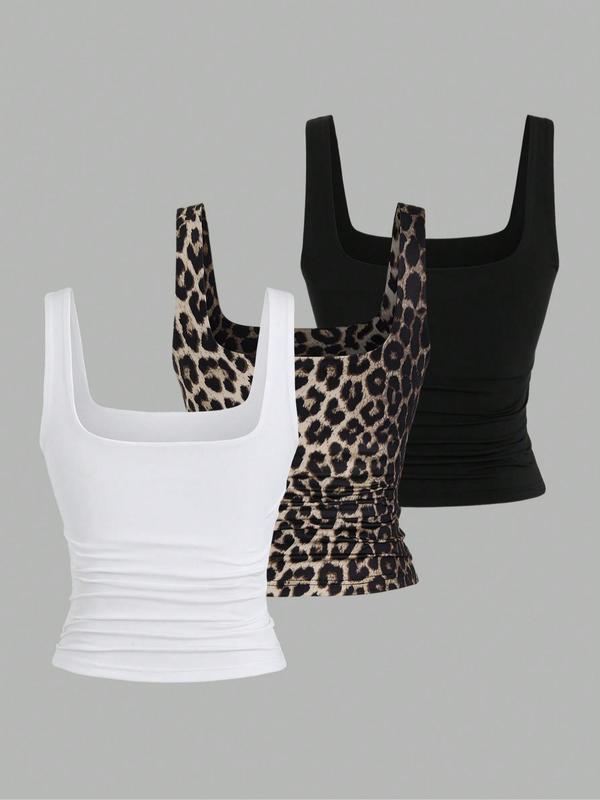 Women's Solid   Leopard Print Square Neck Tank Top, Casual Sleeveless Top for Daily Wear, Ladies Clothes for All Seasons