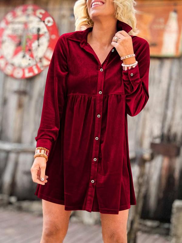 Women's Plain Button Front Collar Velvet Shirt Dress, Casual Long Sleeve Short Dress for Spring & Fall, Women's Casual Wear Clothes for Daily
