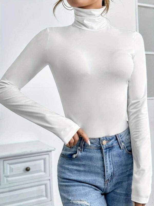 Women's Solid Long Sleeve High Neck Bodysuit, Casual Comfy Tight-fitting Bodysuit for Fall & Winter, Women's Clothes for Daily Wear