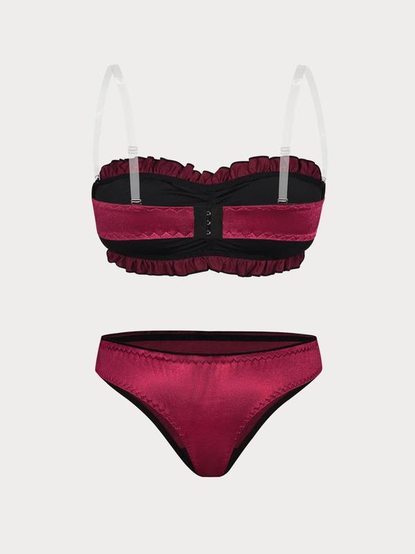 Women's Solid Color Ruched Bow Front Bandeau Bra & Elastic Waist Panty Set, Casual Comfy Breathable Underwear Set for Beach Party Vacation, Ladies Underwear for All Seasons