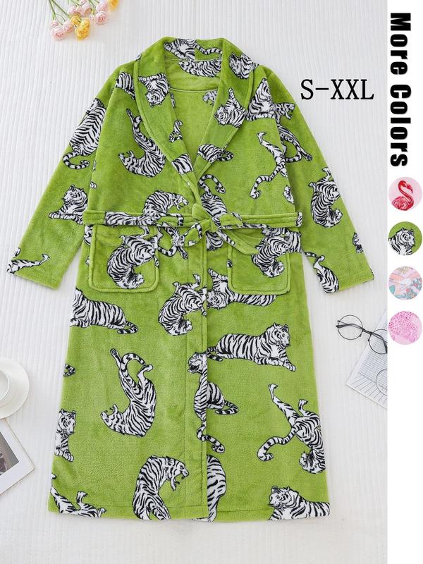 Women's Animal Print Pocket Belted Lounge Robe, Princess Robe, Casual Long Sleeve Shawl Collar Dressing Gown, Ladies Loungewear Sleepwear for Fall & Winter, 2024 Fall Wear, Fallfreshness