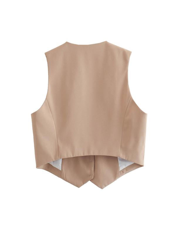 Women's Solid Button Front Pocket V Neck Crop Waistcoat, Lady Minimalist Comfort Short Vest Jacket for Summer Spring Fall, Womenswear Tops, Vest Blazer Women, Elegance Tops