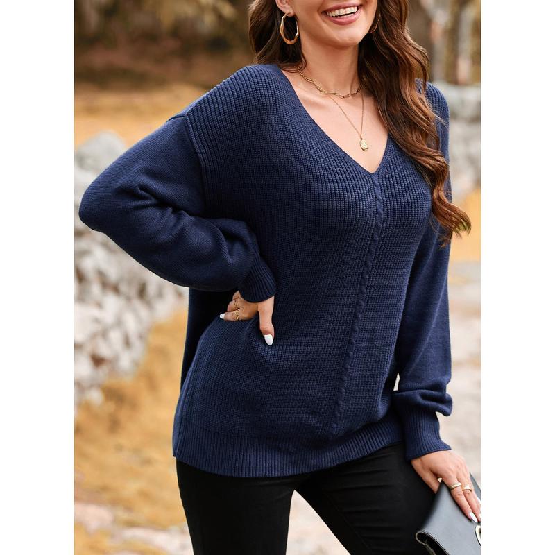 Dokotoo Women's Casual V Neck Sweaters Long Sleeve Pullover Sweater Knit Jumper Tops