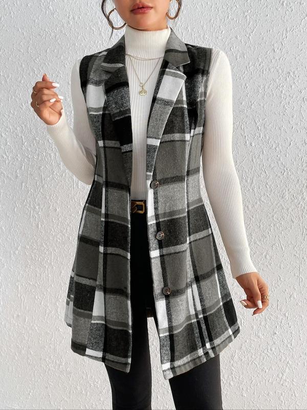 Women's Plaid Print Button Front Lapel Vest Blazer without Sweater, Casual Sleeveless Outerwear for Spring & Fall, Ladies Clothes for Daily Wear