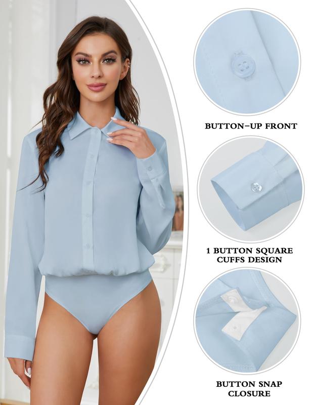 Women Button Down Bodysuit Long Sleeve Collared Shirt Satin Blouse Bodysuits Tops Business Casual Office Professional