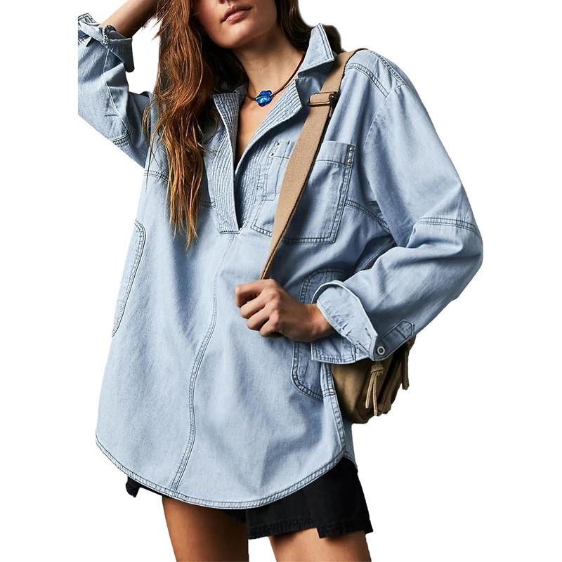 Fisoew S To 2XL Women's Denim Pullover Casual Button V Neck Blouse Loose Fit Long Sleeve Jean Jacket With Pocket Casual Long Sleeve Pocket Jacket