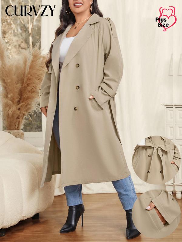 CURVZY Plus Size Solid Double Button Belted Trench Coat, Elegant Pocket Lapel Neck Long Sleeve Coat for Women, Women's Clothing for All Seasons