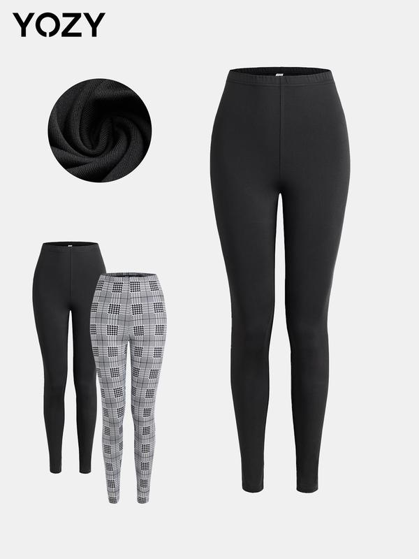 YOZY Women's Houndstooth & Plaid Print Elastic Waist Leggings, Casual Comfy Skinny Pants for Daily Wear, Ladies Bottoms for All Seasons