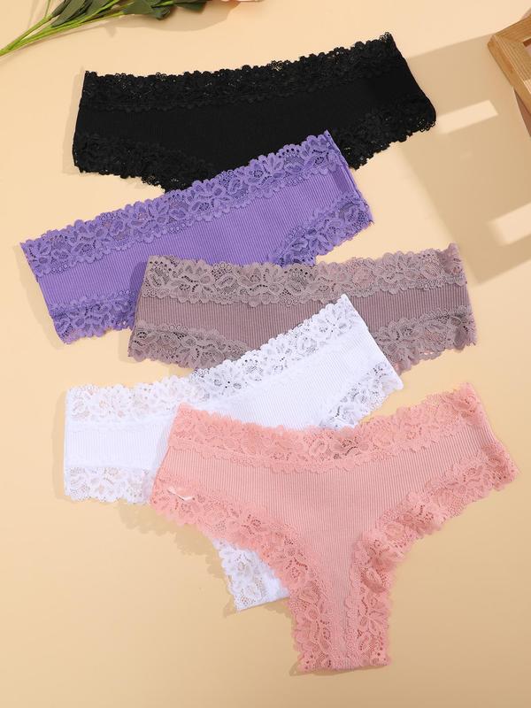 Women's 5pcs Minimalist Solid Contrast Lace Panty, Lady Sexy Basic Soft Comfy Breathable Knicker for Daily Wear, Summer Wear 2024, Women's Comfort Underwear for All Seasons, Womenswear, Fall Wear, Fallfreshness