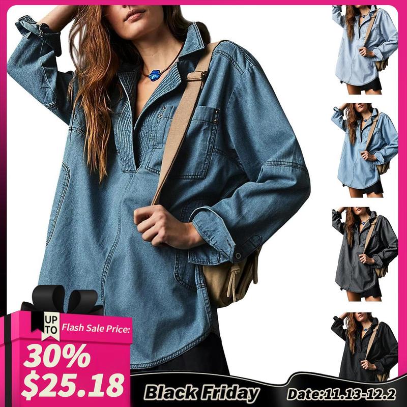 Fisoew S To 2XL Women's Denim Pullover Casual Button V Neck Blouse Loose Fit Long Sleeve Jean Jacket With Pocket Casual Long Sleeve Pocket Jacket