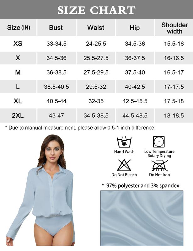Women Button Down Bodysuit Long Sleeve Collared Shirt Satin Blouse Bodysuits Tops Business Casual Office Professional