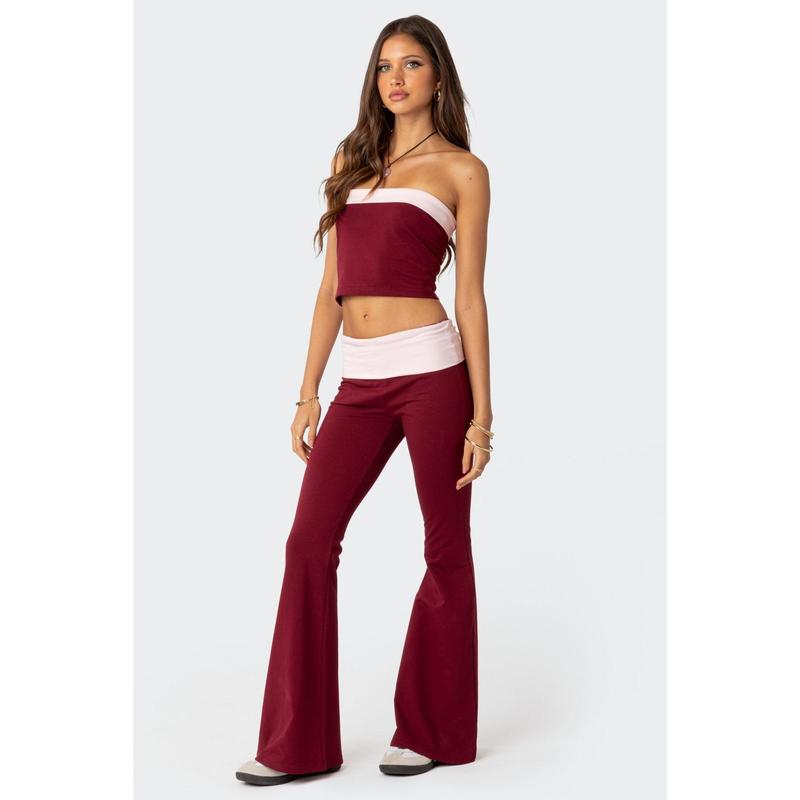 Contrast Fold Over Flared Leggings