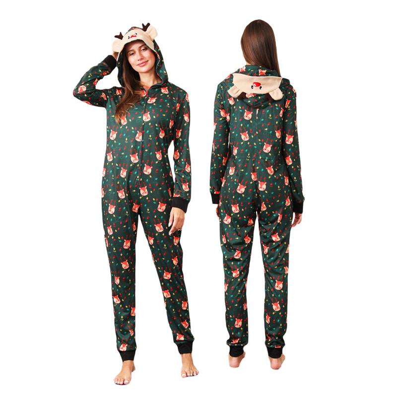 Family Christmas Pajamas Couples Kids Matching Lounge Sets Long Sleeve Hooded Deer Print Zipper Jumpsuit Sleepwear