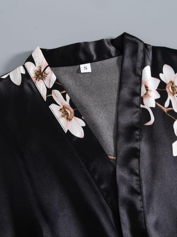 Women's Floral Print Belted Satin Lounge Robe, Casual 3 4 Sleeve V Neck Dressing Gown, Ladies Sleepwear for All Seasons