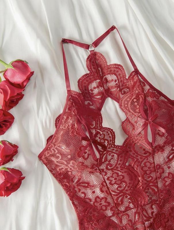 Women's Sexy Lingerie one piece women's heart ring backless deep V neck bodysuit summer lingeries S to XXL curvy nightwear Sleepwear Underwear Scallop Lace Dress sexy bodysuit Nightwear one piece Womenswear Lady