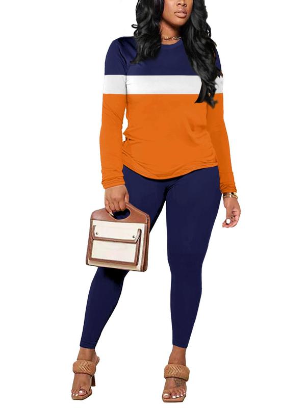 Two-Piece Set Women's Striped Print Long Sleeve Tee & Skinny Pants Set, Casual Round Neck Top & Trousers for Fall & Winter, Women's Clothes for Daily Wear