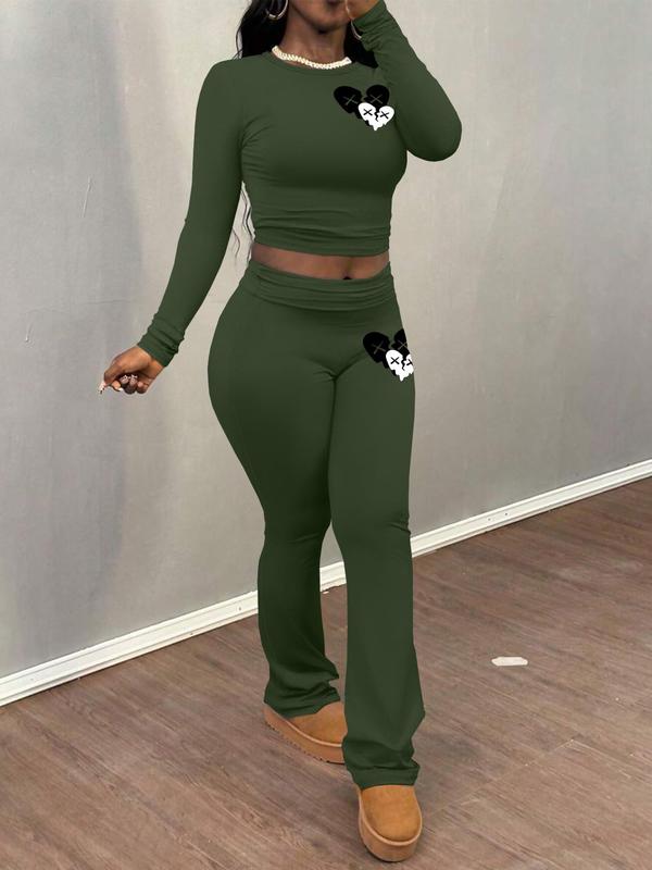 Women's Cartoon Print Crop Tee & Flare Leg Pants Two-piece Set, Casual Fashion Cozy Round Neck Long Sleeve Top & Bell Bottom Trousers for Daily Outdoor Wear, Women's Clothing for Fall & Winter