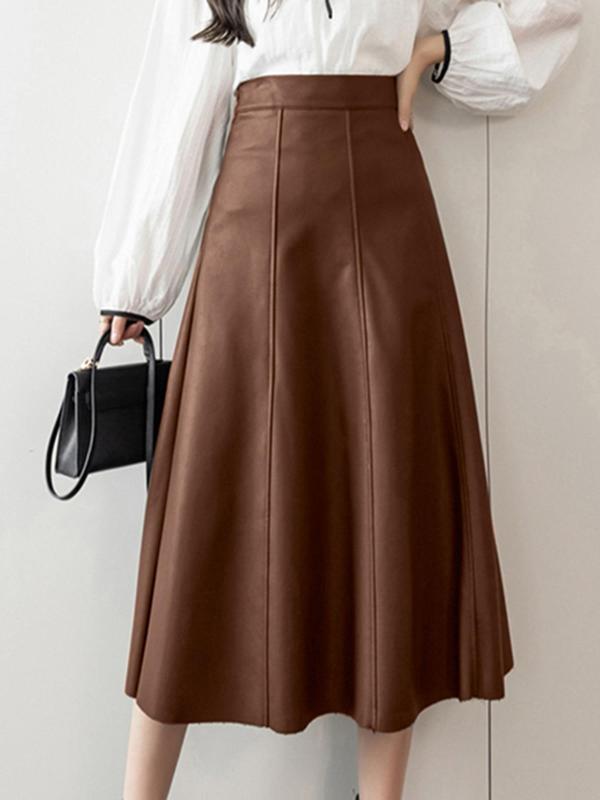 Women's Solid  Pu Leather Skirt, Fashion Casual A Line Midi Skirt for Daily Outdoor Wear, Women's Bottoms for Fall & Winter