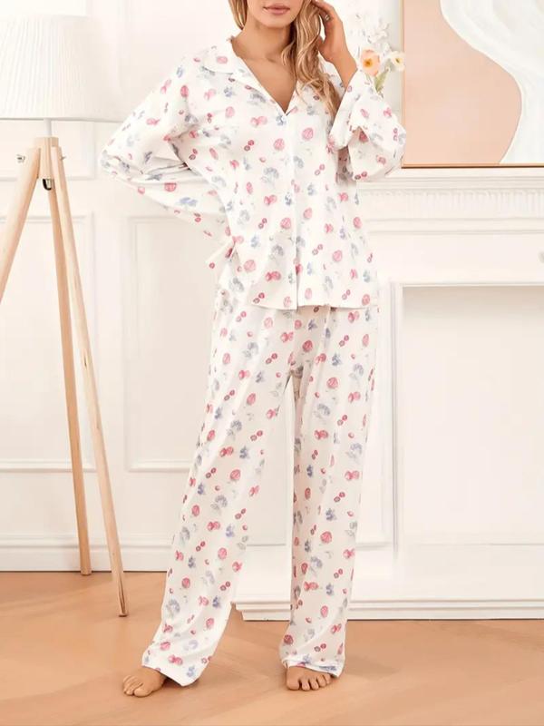 Two-Piece Set Women's Cherry Print Button Front Shirt & Pants Pyjama, Casual Comfy Drop Shoulder Long Sleeve Top & Trousers PJ Set, Ladies Sleepwear for All Seasons