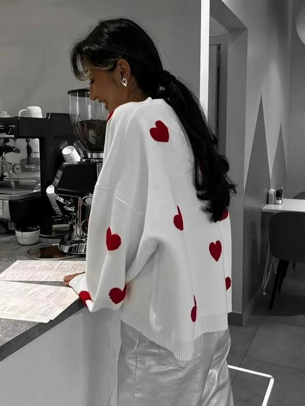 Women's Loose Fit Heart Pattern Drop Shoulder Sweater, Casual Long Sleeve Round Neck Knit Top for Spring & Fall, Fashion Ladies' Knitwear for Daily Wear