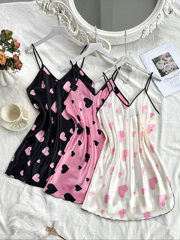 Women's Heart Print Contrast Binding Cami Nightdress, Casual Soft Comfortable Adjustable Spaghetti Strap Nightgown, Dresses for Women, Ladies Sleepwear for All Seasons