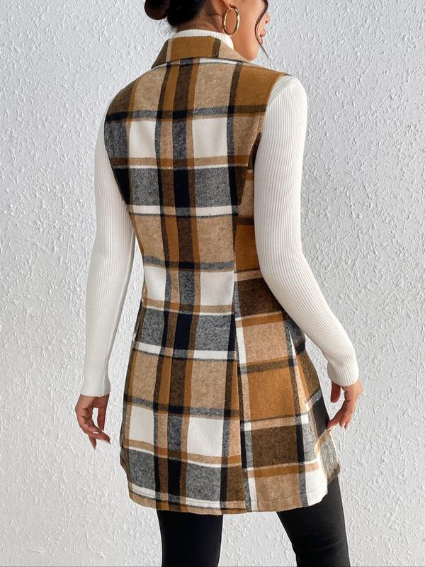 Women's Plaid Print Button Front Lapel Vest Blazer without Sweater, Casual Sleeveless Outerwear for Spring & Fall, Ladies Clothes for Daily Wear