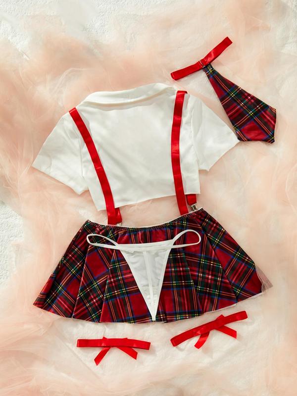  Tartan Print Crop Top & Thong & Bow Tie & Overall Dress & Thigh Ring Set, Sexy Adjustable Strap Lapel Neck Tie Front Lingerie Set, Women's Underwear Set