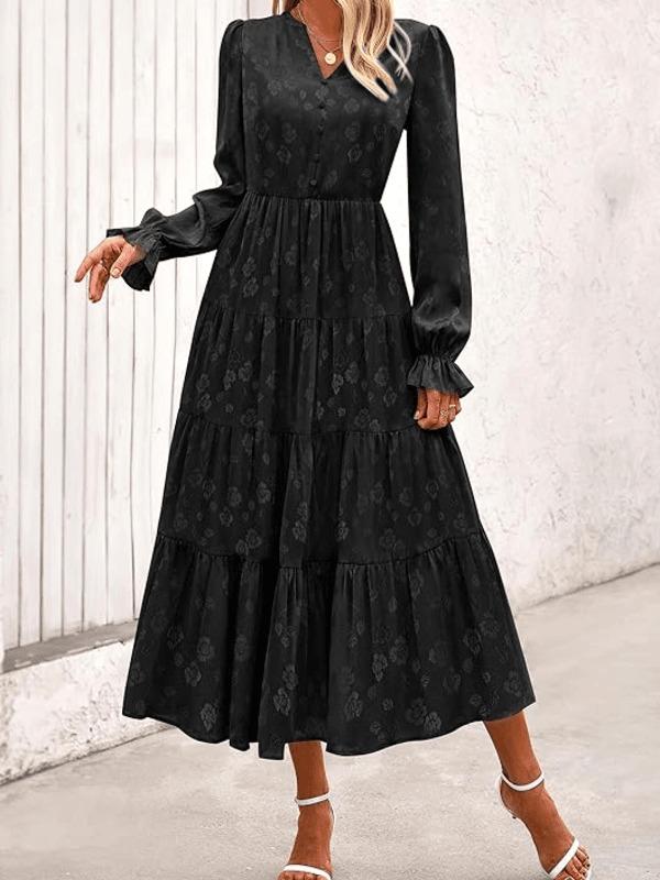 Womens Fall Long Sleeve Maxi Dress in Floral Print with V-Neck and A-Line Tiered Design for Weddings and Cocktail Parties - Formal, Womenswear