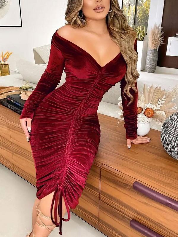 Women's Elegant Off the Shoulder Ruched Drawstring Bodycon Dress, Solid Long Sleeve Dress for Evening Party Club Dating Wear, Ladies' Fall & Winter Clothes