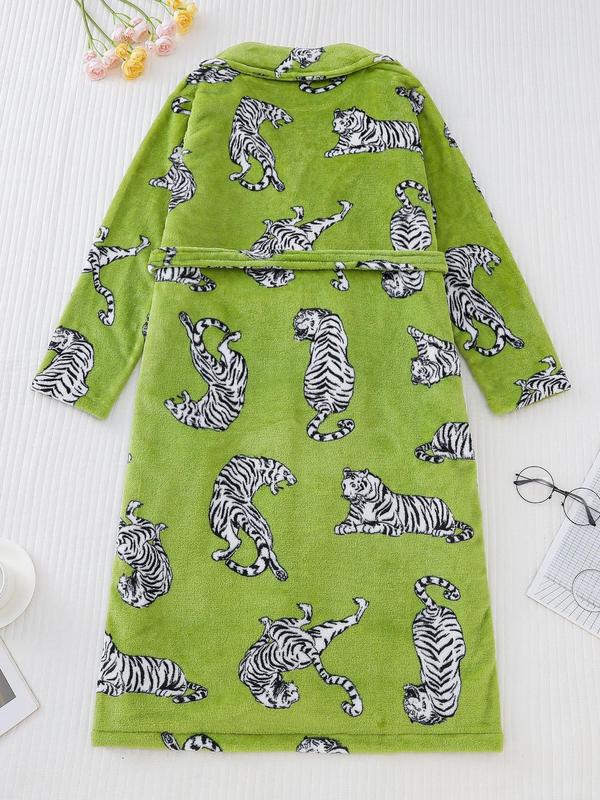 Women's Animal Print Pocket Belted Lounge Robe, Princess Robe, Casual Long Sleeve Shawl Collar Dressing Gown, Ladies Loungewear Sleepwear for Fall & Winter, 2024 Fall Wear, Fallfreshness
