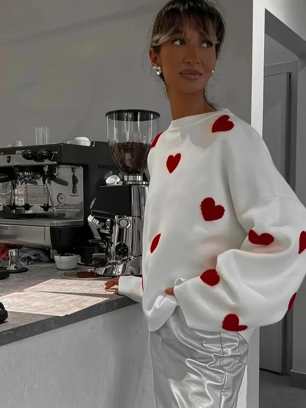 Women's Loose Fit Heart Pattern Drop Shoulder Sweater, Casual Long Sleeve Round Neck Knit Top for Spring & Fall, Fashion Ladies' Knitwear for Daily Wear
