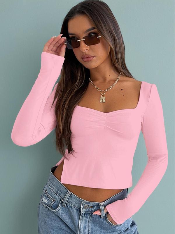 Women's Plain Ruched Split Hem Crop Sleep Tee, Fall Wear, Fallfreshness Casual Sweetheart Neck Long Sleeve Sleep T-shirt for All Seasons, Women Sleep Tops, Ladies Sleepwear Loungewear for Daily Wear
