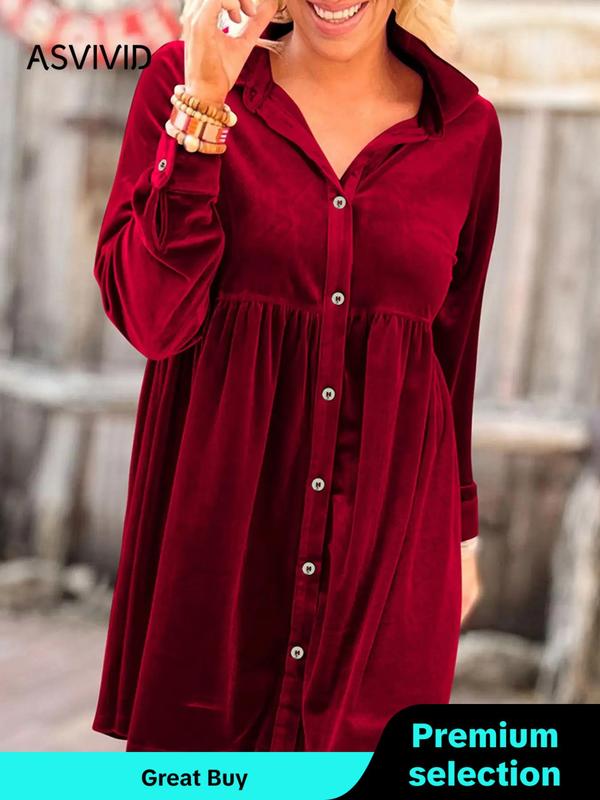 Women's Plain Button Front Collar Velvet Shirt Dress, Casual Long Sleeve Short Dress for Spring & Fall, Women's Casual Wear Clothes for Daily
