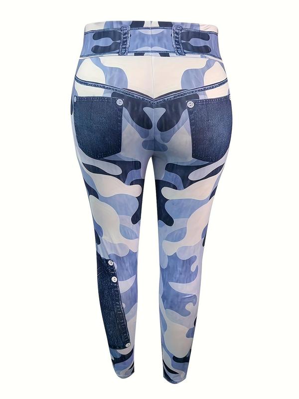 Faux Denim Print High Waist Leggings, Casual Patchwork Seamless Skinny Pants, Pants for Women, Going Out Bottoms, Women's Summer Bottoms for Yoga Gym Daily Wear