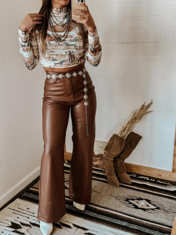 Women's Horse Print Cut Out Mock Neck Tee, Casual Long Sleeve Crop T-Shirt for Spring & Fall, Women's Top for Daily Wear Longsleeves