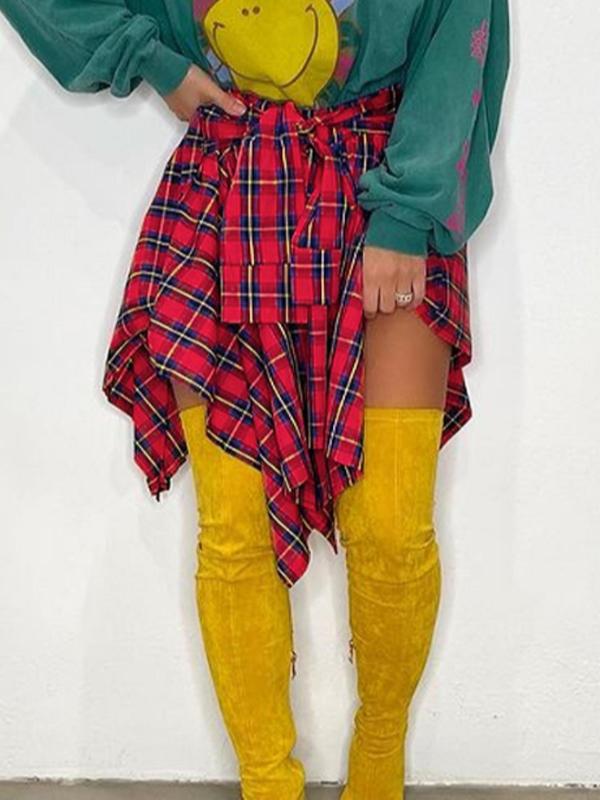 Women's Plaid Print Knot Front Skirt, Fashion Casual Asymmetrical Hem Knee Length Skirt for Daily Outdoor Wear, Women's Bottoms for Fall, Skirts for Women Womenswear