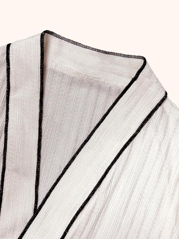 Women's Contrast Binding Belted Robe, Casual Comfy Long Sleeve Textured Dressing Gown, Ladies Sleepwear for All Seasons