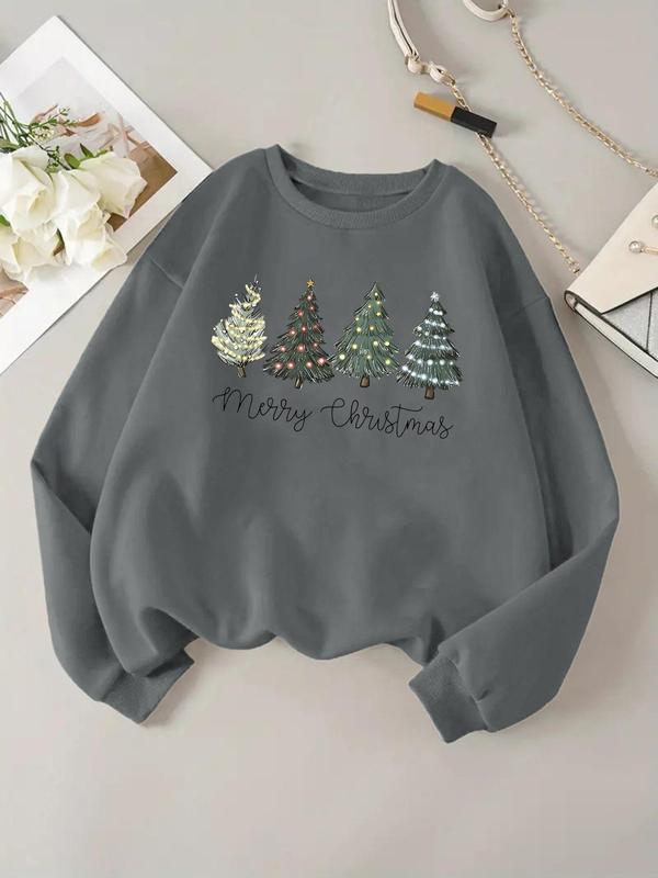 Women's Christmas Tree Print Crew Neck Sweatshirt, Casual Long Sleeve Pullover for Daily Wear, Ladies Clothes for All Seasons