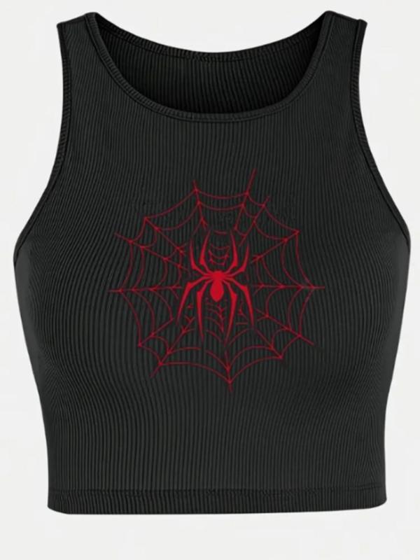 Women's Spider Web Print Ribbed Crop Tank Top, Casual Sleeveless Round Neck Top for Daily Wear, Streetwear Women's Clothing for All Seasons