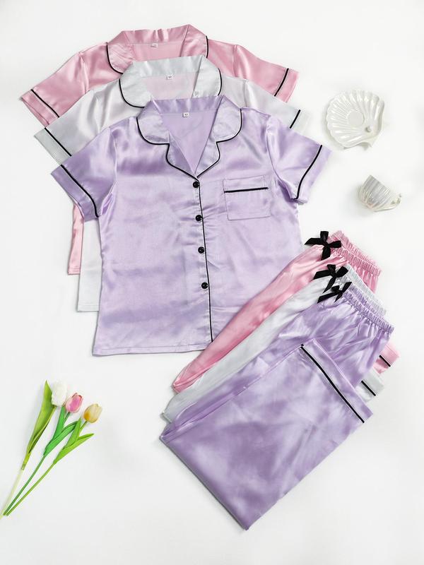 Two Counts Women's Contrast Binding Lapel Satin Pyjama Set, Casual Short Sleeve Button Front Shirt & Bow Decor Pants PJ Set, Women Nightwear, Nightwear Sets, Ladies Sleepwear for All Seasons