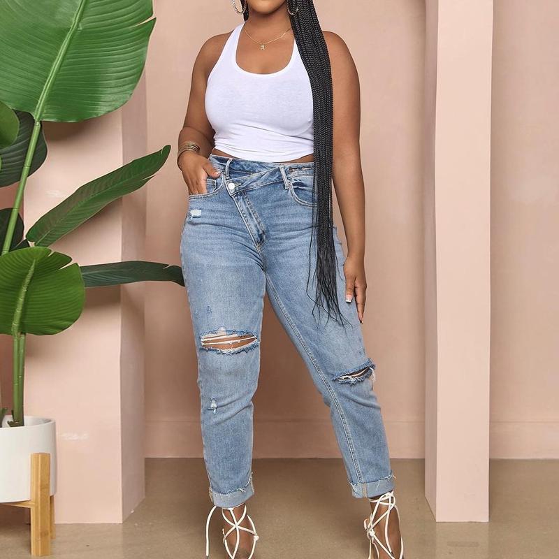 MNLYBABY 2024 New Broken Hole Washed Jeans Women's Slim Small Feet Design Models Pants Fashionnova Jeans 7sjeans Align Tank