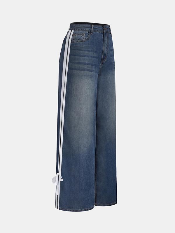 YOZY Women's Side Stripe Pocket Button Fly Wide Leg Jeans, Casual Denim Pants for Fall & Winter, Women's Trousers for Daily Wear
