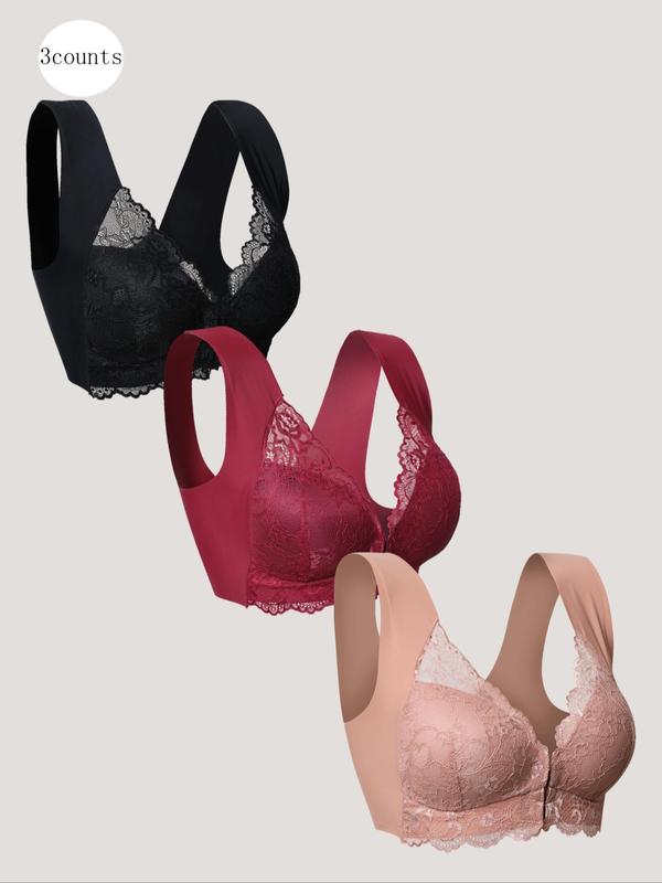 Women's Solid Color Contrast Lace Wireless Bra, Soft Comfy Breathable Push Up Bra, Lingerie for All Seasons