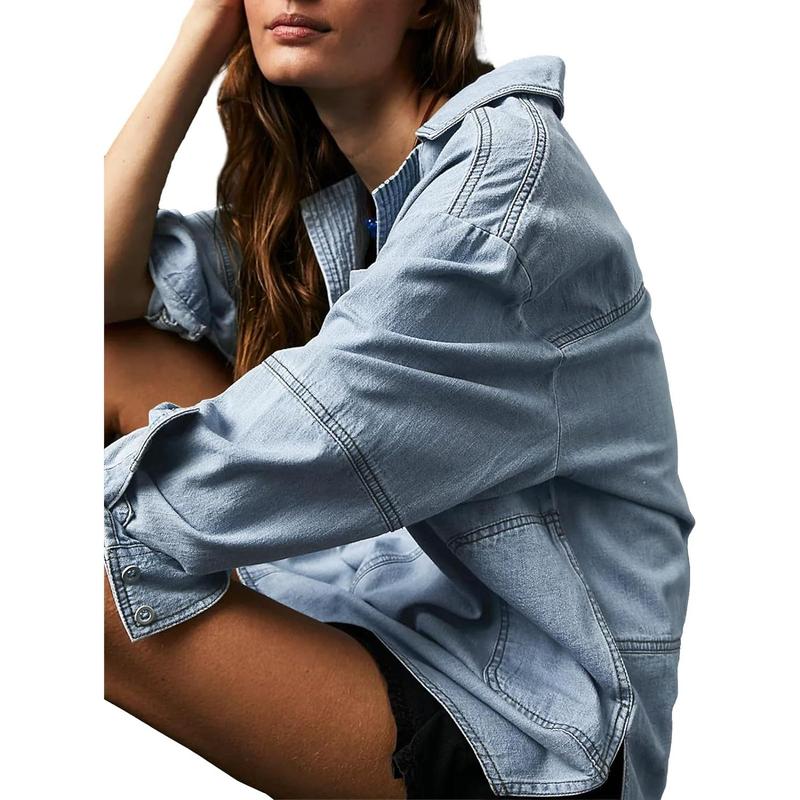 Fisoew S To 2XL Women's Denim Pullover Casual Button V Neck Blouse Loose Fit Long Sleeve Jean Jacket With Pocket Casual Long Sleeve Pocket Jacket