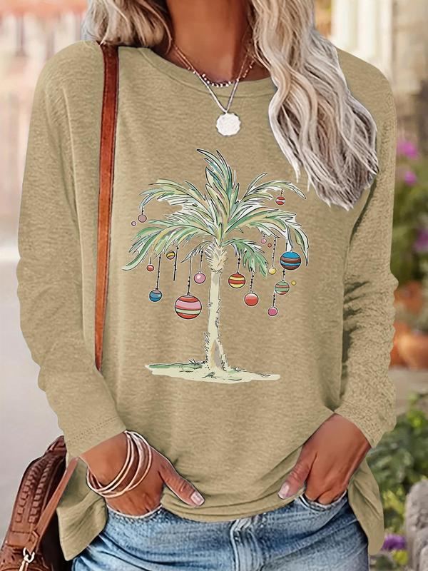 Women's Cartoon Christmas Tree Print Drop Shoulder T-shirt, Casual Long Sleeve Round Neck Pullover for Fall & Winter, Ladies Clothes for Daily Wear