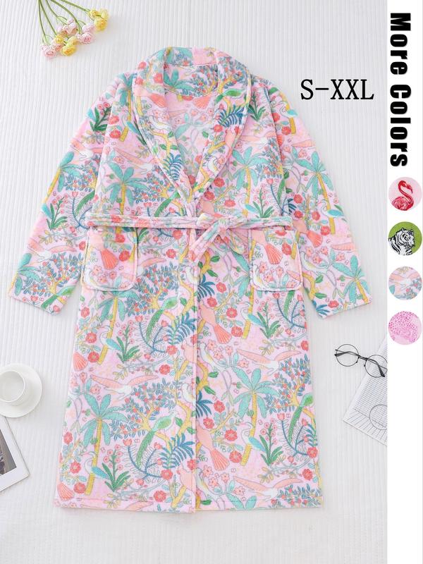 Women's Animal Print Pocket Belted Lounge Robe, Princess Robe, Casual Long Sleeve Shawl Collar Dressing Gown, Ladies Loungewear Sleepwear for Fall & Winter, 2024 Fall Wear, Fallfreshness
